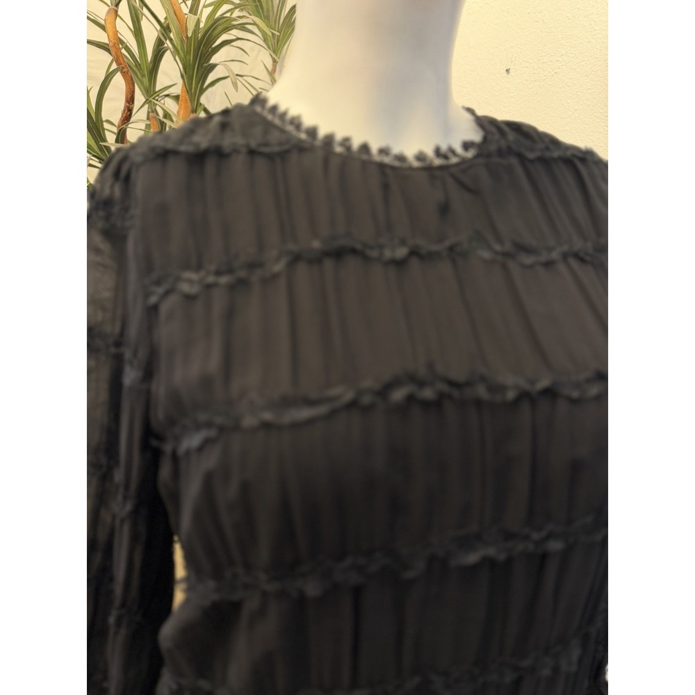 Elegant Black Chiffon Ruffle Top Blouse S/4/6 Career Cocktail Classy Old Money - Picture 4 of 14